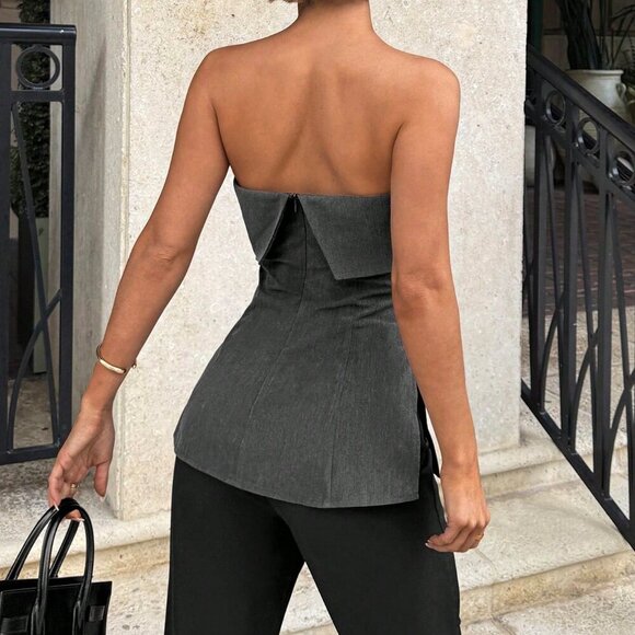Grey Casual Women's Sleeveless Bandeau Side Slit Hem Blouse - Picture 4 of 6